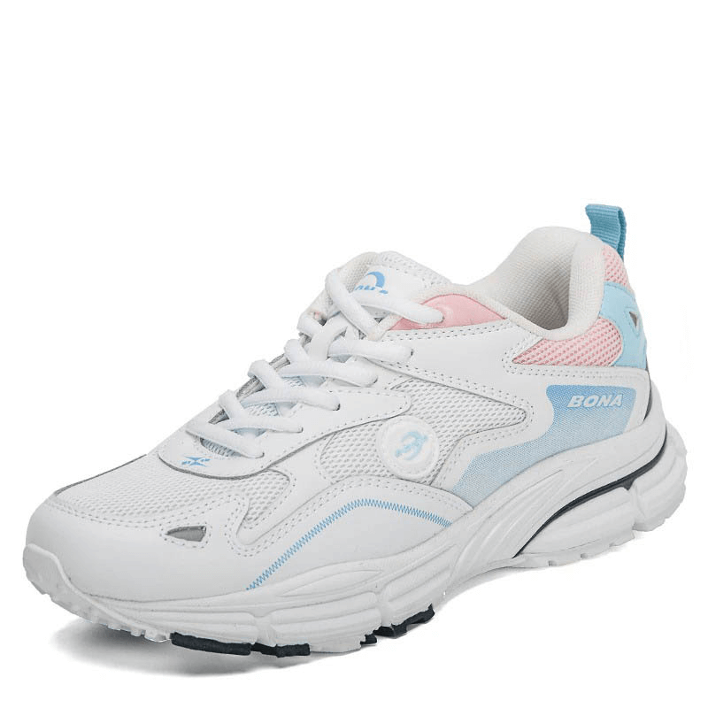 White and pastel women's breathable lightweight running shoe with lace-up front and flexible sole for comfort and performance.